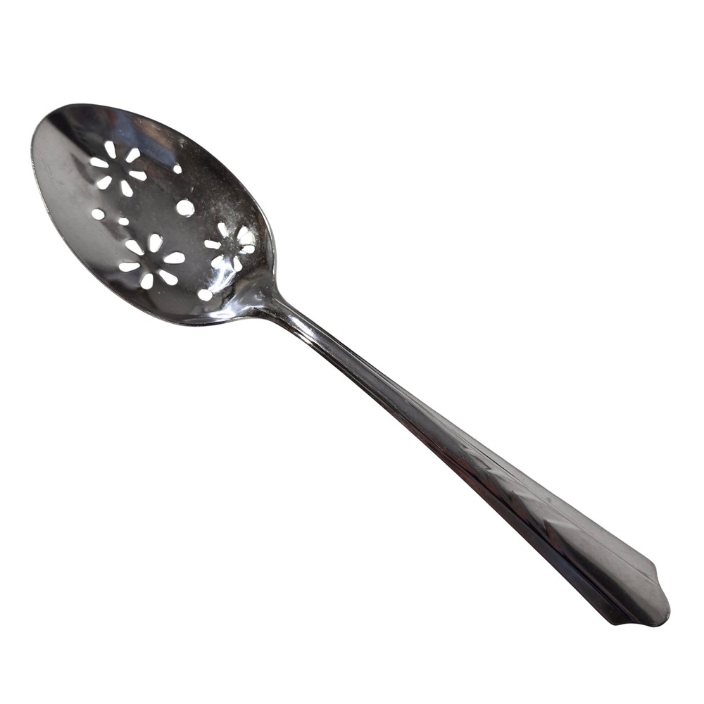 EKCO Slotted Serving Spoon EKS7 Floral Chevron Stainless Steel Vtg USA 8.25"